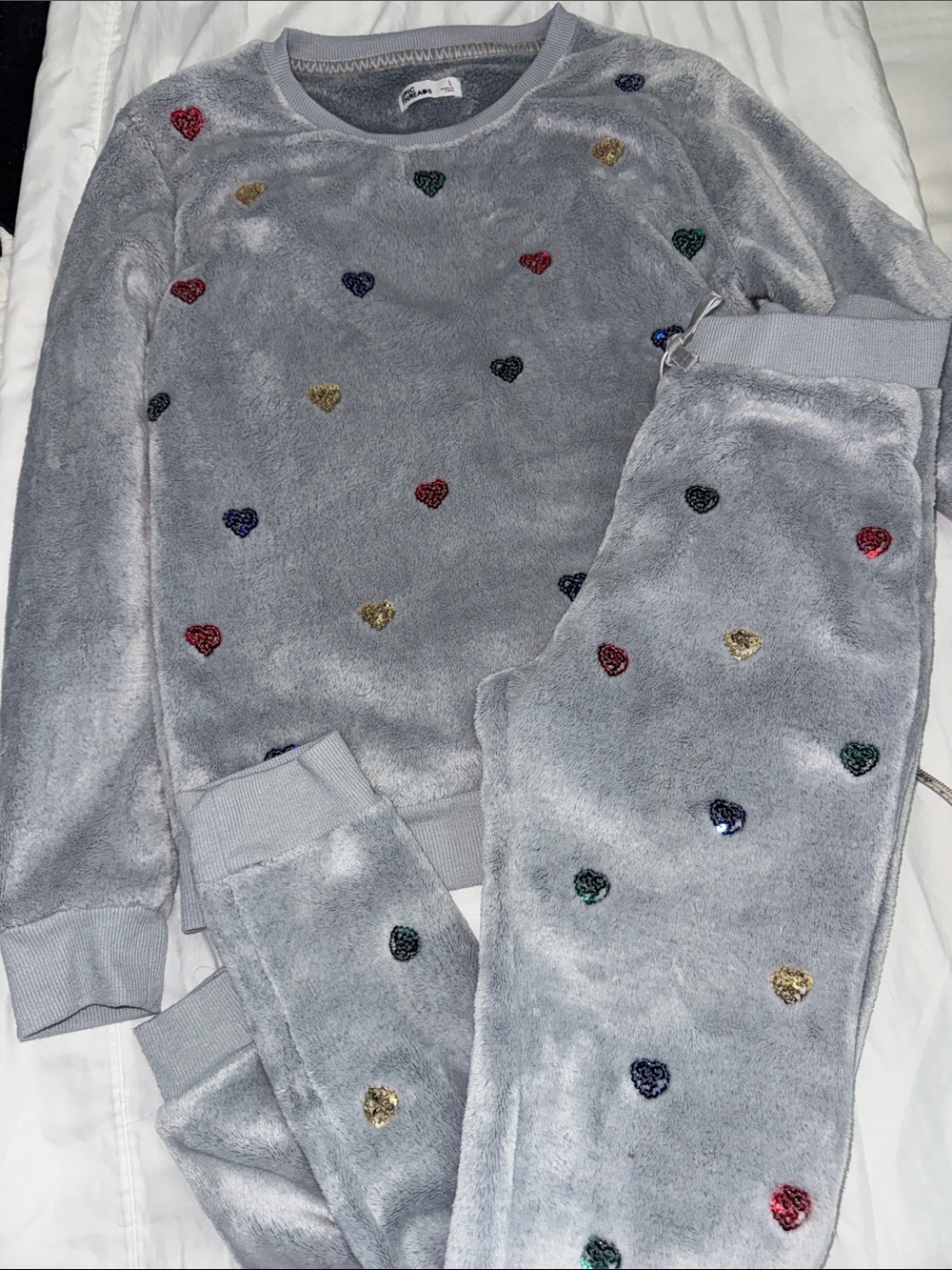 Gray Plush Heart Sequin Loungewear Set